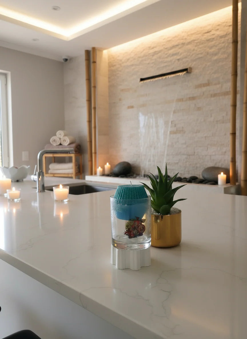 candle on white marble countertop